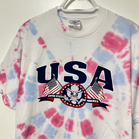 VINTAGE 90s USA AMERICA CREST FLAG BALD EAGLE PATRIOTIC CUSTOM TIE DYE TEE - Picture 2 of 5